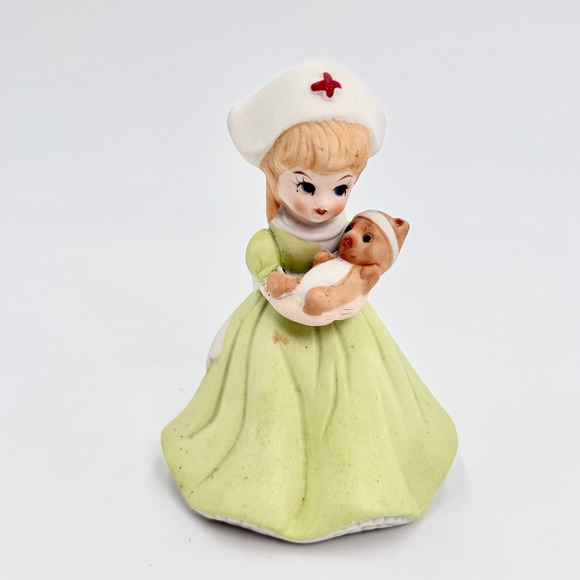 Other - Vintage Japan Porcelain Nurse Figurine Green Dress Holding Teddy Bear Bisque